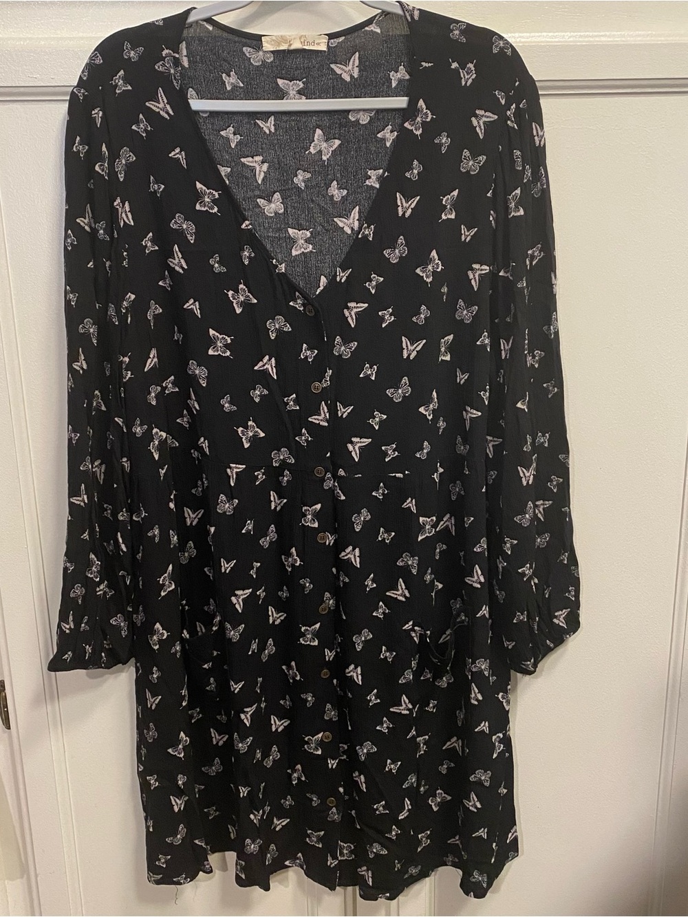 Rewind Black Long-Sleeve Button-Front Dress with Pink & White Butterfly Print